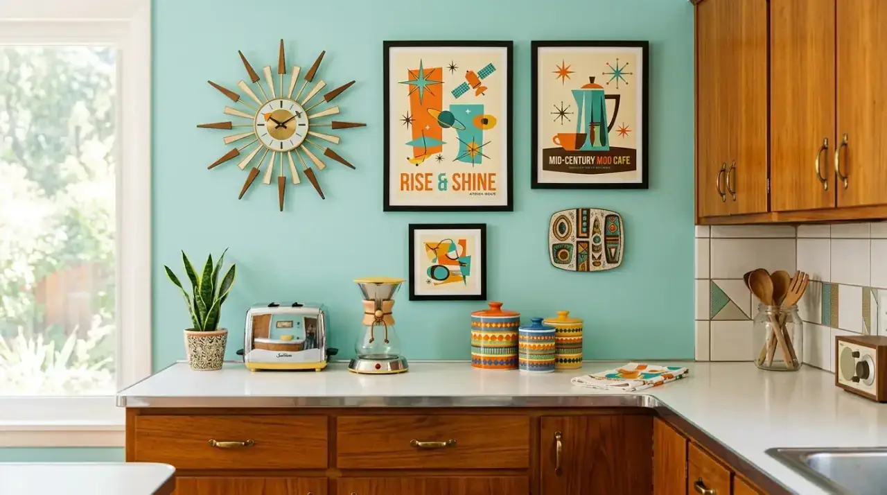 Mid-century kitchen art overview. Retro-inspired wall art adding personality and finishing warmth to the kitchen.