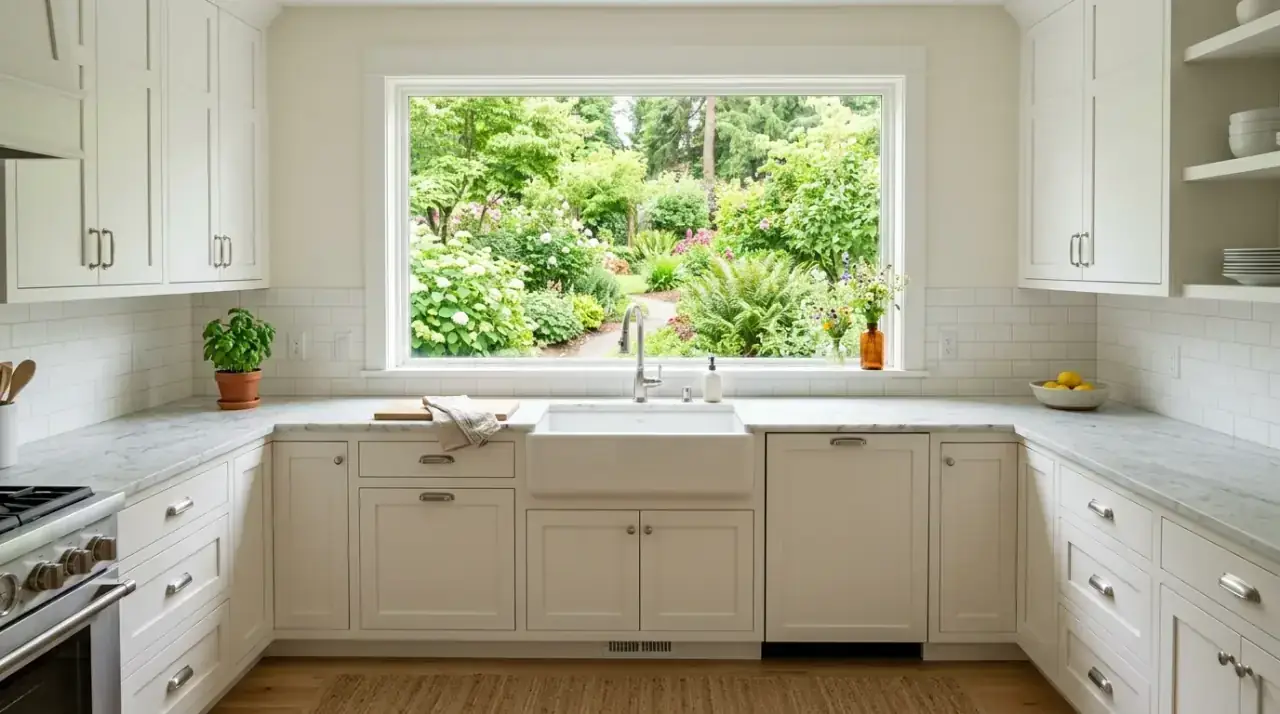 Beautiful kitchen window above the sink bringing light, framing, and a better view into the space.