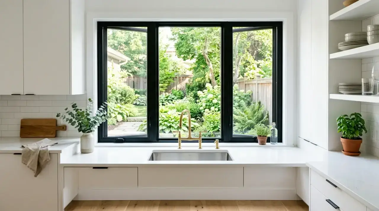 Wide kitchen sink window. Kitchen window above sink widened for more light and a better view.