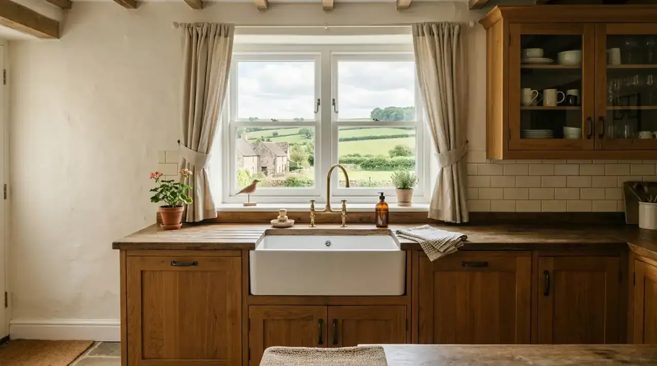 Faucet and sink window styling. Beautiful kitchen sink window framed by elegant faucet and hardware.