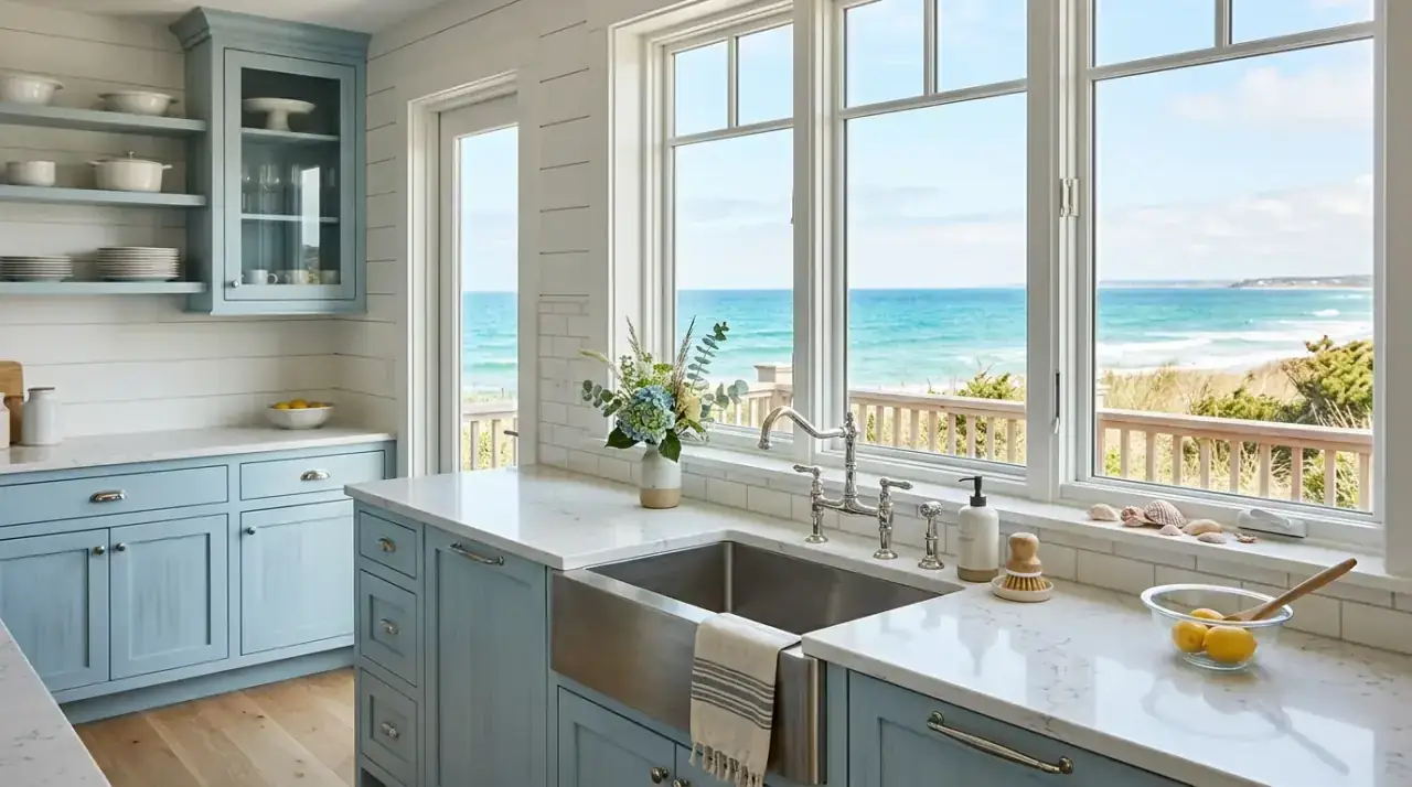 Kitchen window shelf over sink. Beautiful sink window with a slim shelf for herbs and decor.