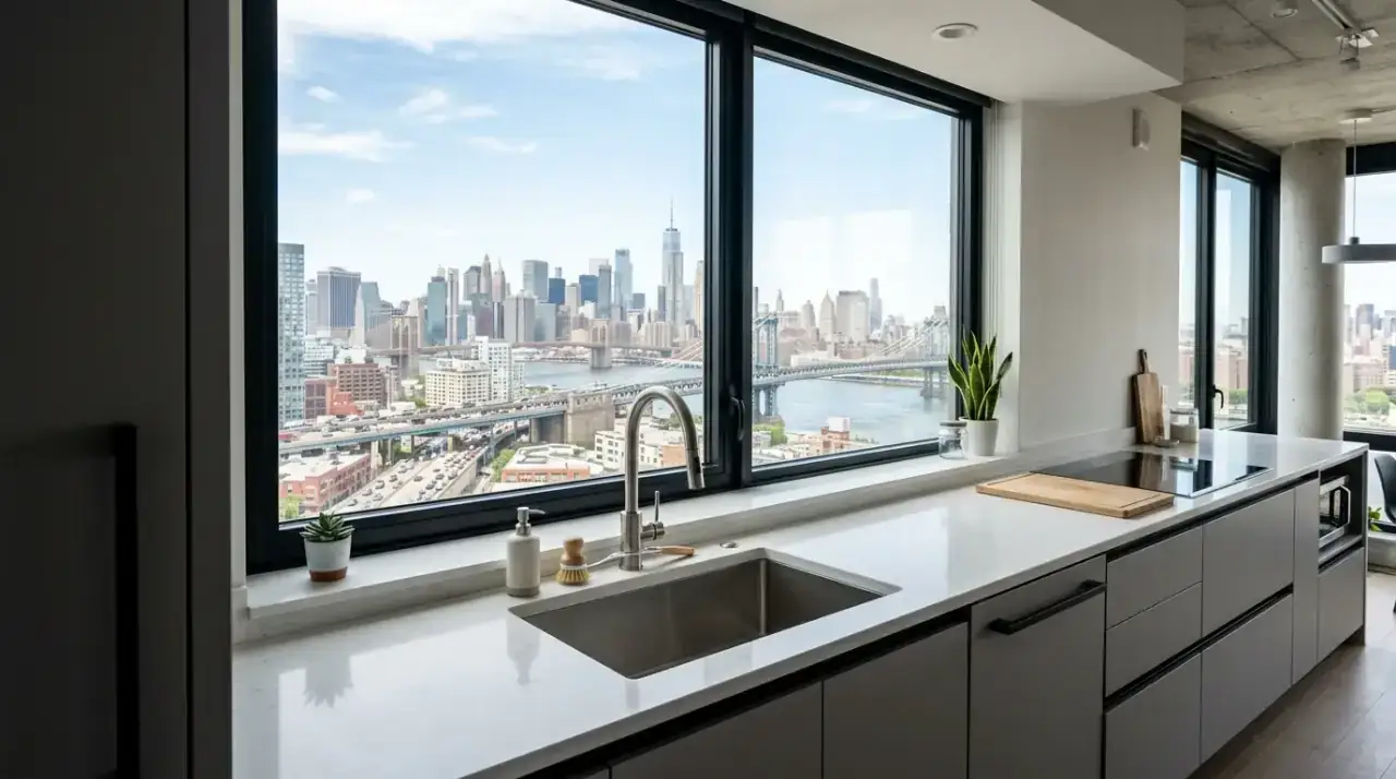 Clean kitchen sink sill. Beautiful kitchen window above sink with a tidy and open sill.