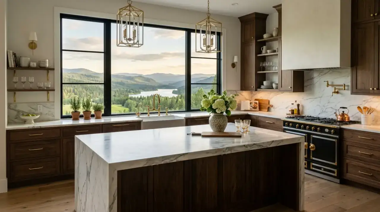 Roman shade over sink window. Beautiful kitchen sink window finished with a tailored Roman shade.