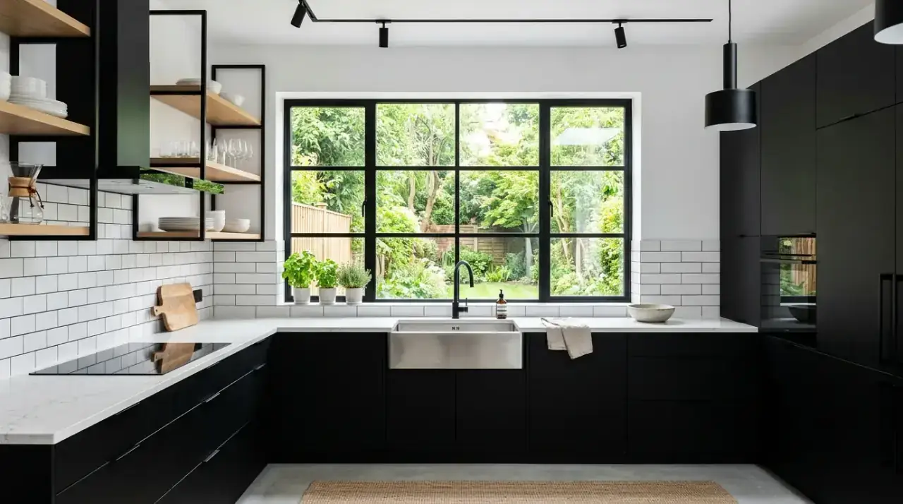 Tiled window above sink. Kitchen sink window framed by beautiful backsplash tile and texture.