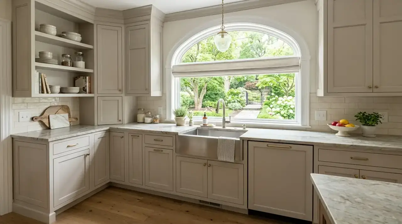 Garden view from sink window. Beautiful kitchen sink window opening onto greenery and natural views.
