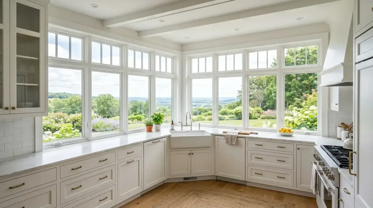 Beautiful kitchen sink zone. Kitchen sink area designed around a beautiful light-filled window view.