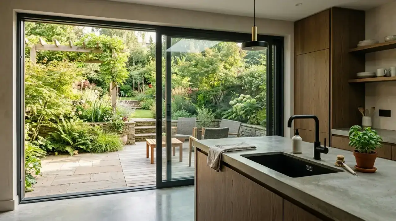 Kitchen sink window overview. Beautiful window above the sink bringing light, view, and calm to the kitchen.