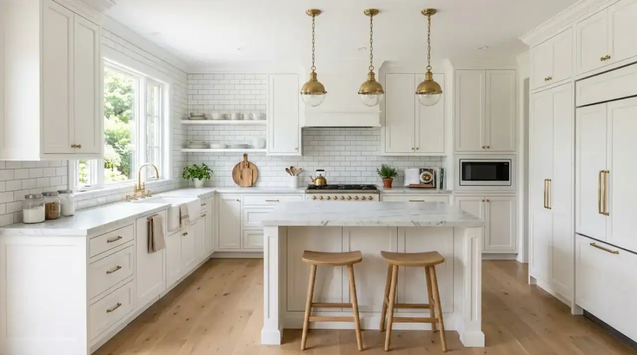 Beautiful white kitchen backsplash idea creating a classic finish with light and texture.