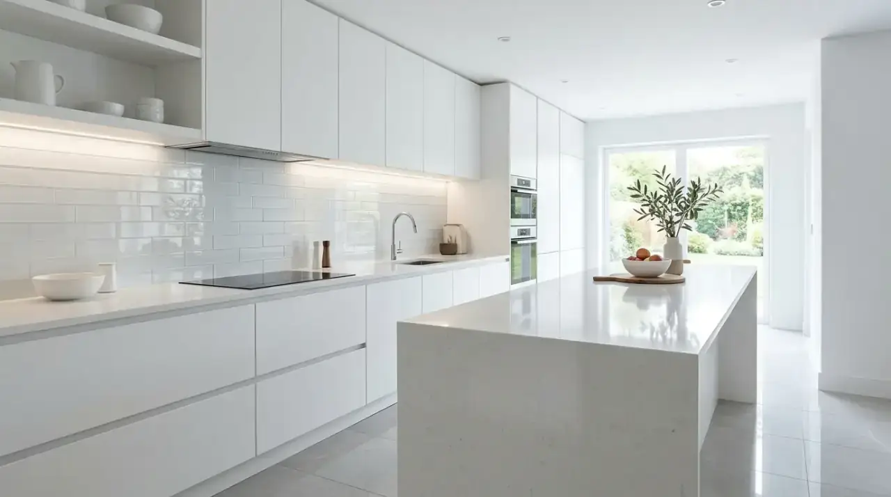 Vertical white tile backsplash. Updated tile layout bringing a modern feel to a classic color.