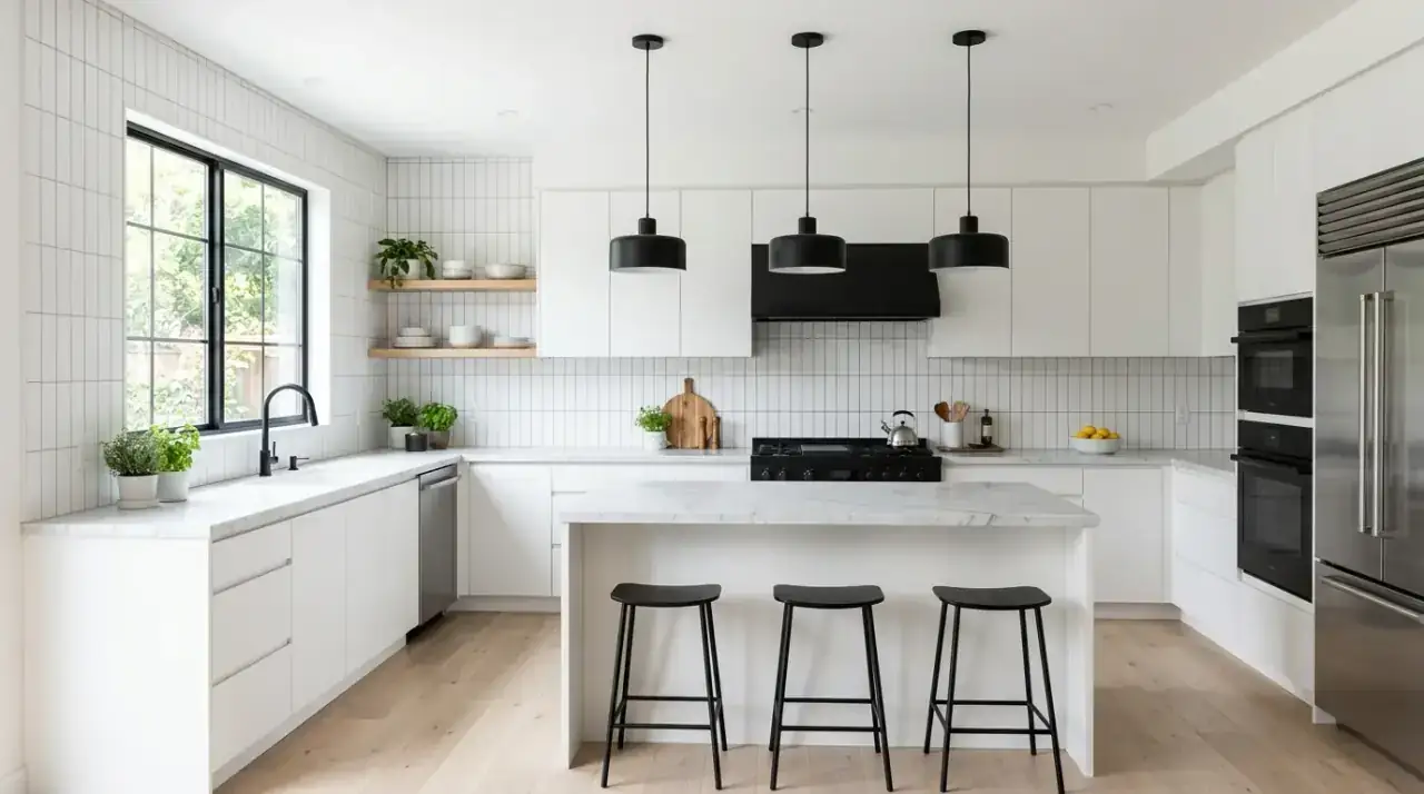 Glossy white backsplash tile. Reflective wall finish enhancing light in a classic bright kitchen.