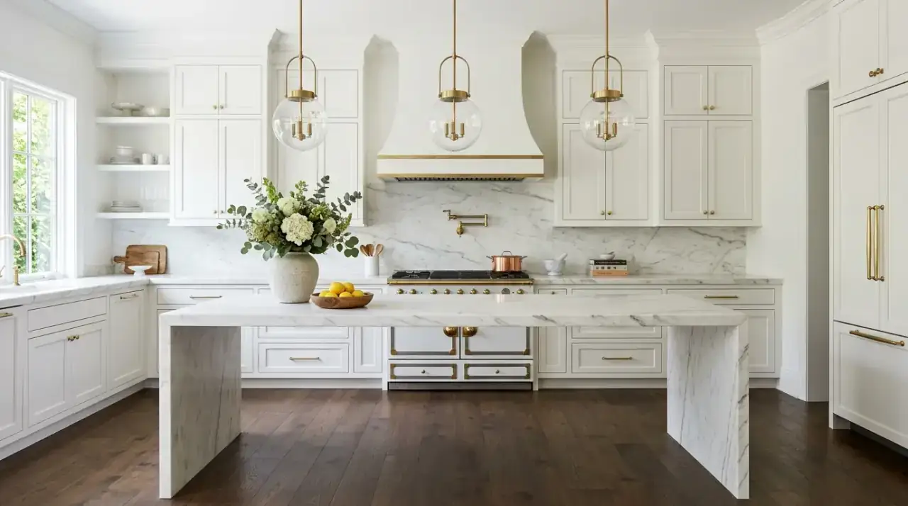 Matte white backsplash. Soft low-sheen wall finish creating a gentle classic kitchen mood.