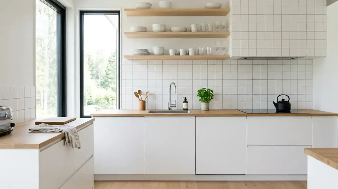 White zellige backsplash. Handcrafted glossy tile adding movement to a classic kitchen wall.