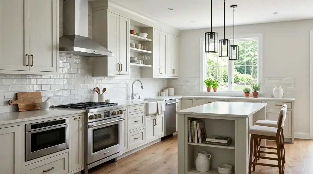 Full-height white backsplash. Extended wall finish giving the kitchen a taller more polished look.