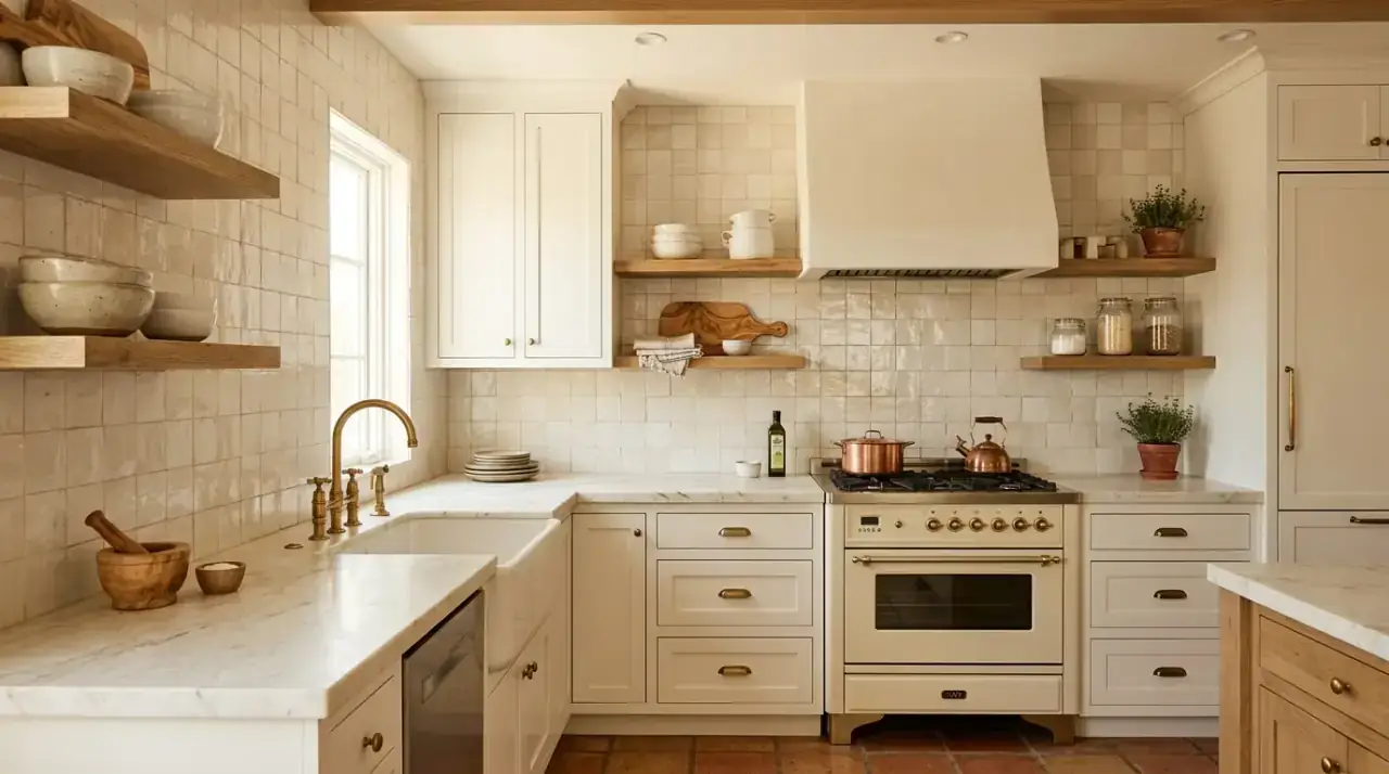 Warm white backsplash with cream cabinets. Matched undertones creating a softer classic kitchen palette.