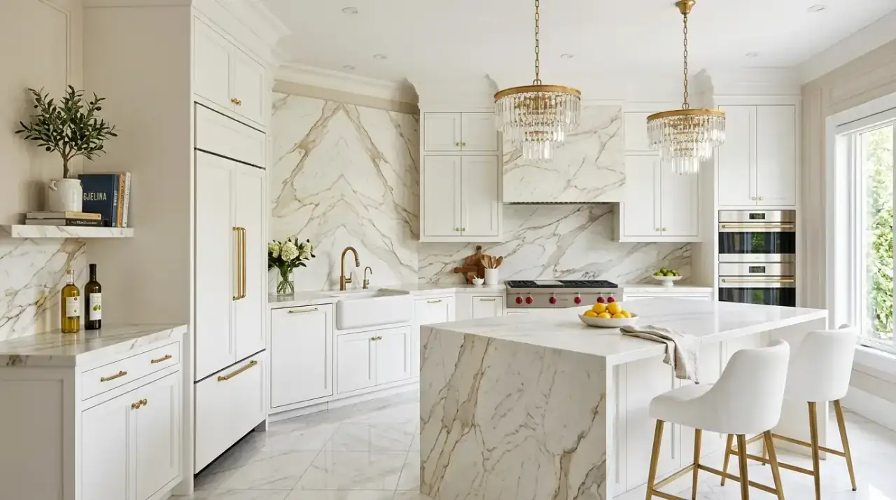 White patterned backsplash. Subtle tile pattern adding texture to a classic neutral kitchen wall.