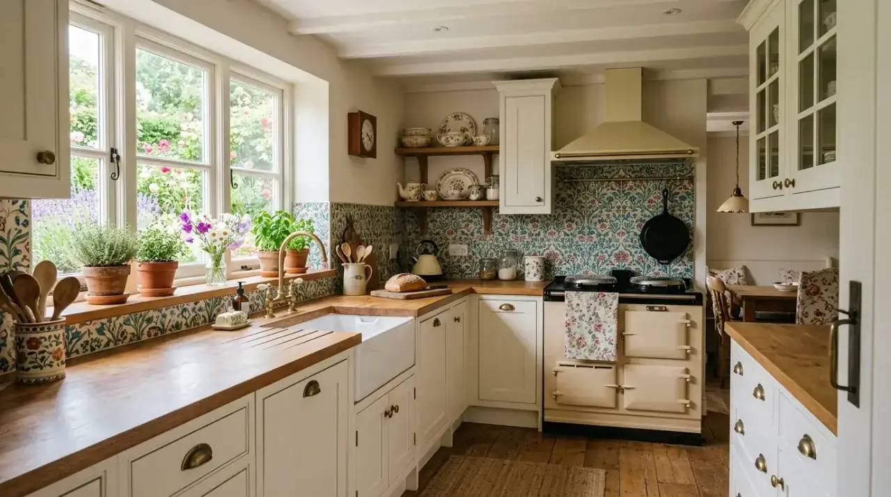 White backsplash with wood accents. Warm timber details softening a bright classic kitchen wall.