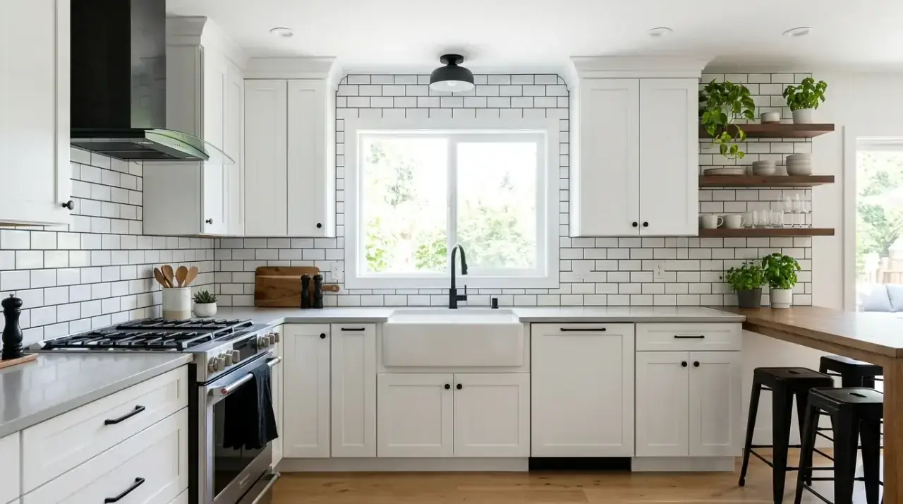 White kitchen backsplash overview. Versatile classic backsplash finish supporting many kitchen styles beautifully.