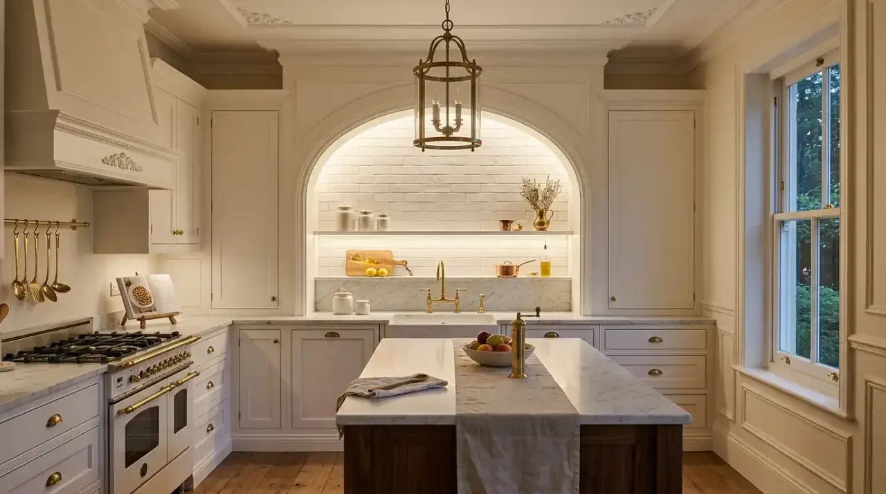 Classic white backsplash finish. Timeless bright backsplash design bringing elegance and flexibility to the kitchen.