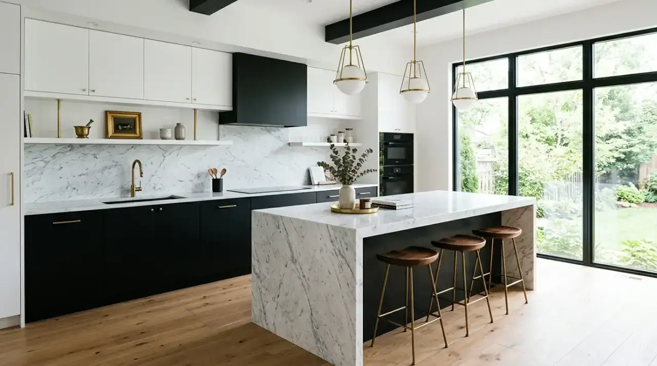 Bold black and white modern kitchen designed with timeless high-contrast style.