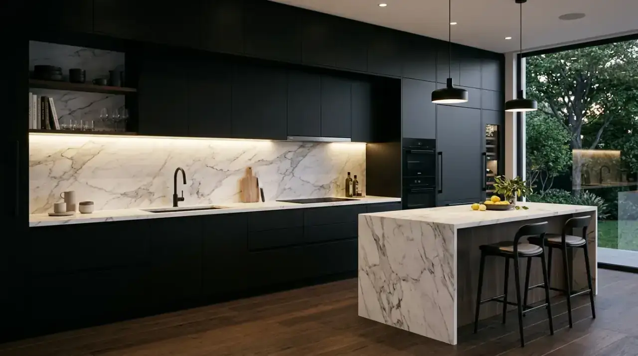 Matte black and white stone kitchen. Refined texture contrast deepening a bold black and white kitchen palette.