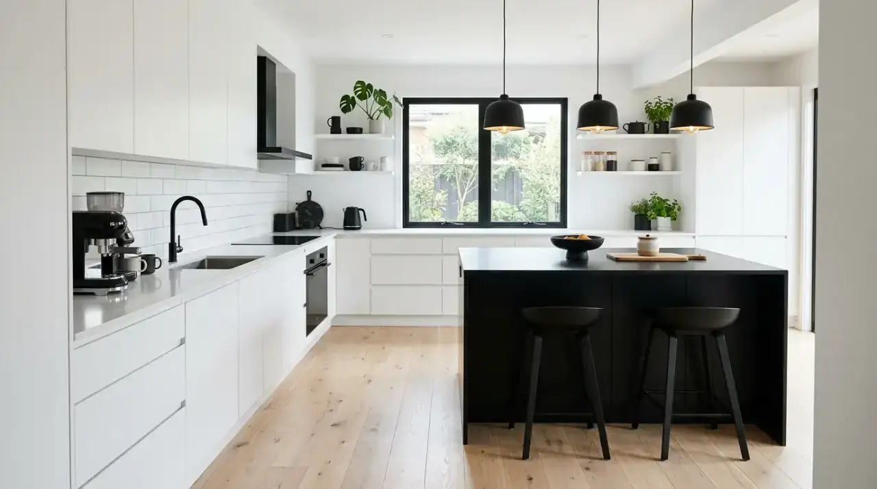 Black and white kitchen with wood. Natural timber softening a high-contrast modern kitchen palette.