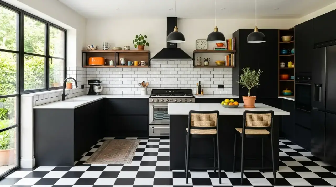 Checkerboard black and white kitchen floor. Graphic flooring adding movement to a modern high-contrast kitchen.