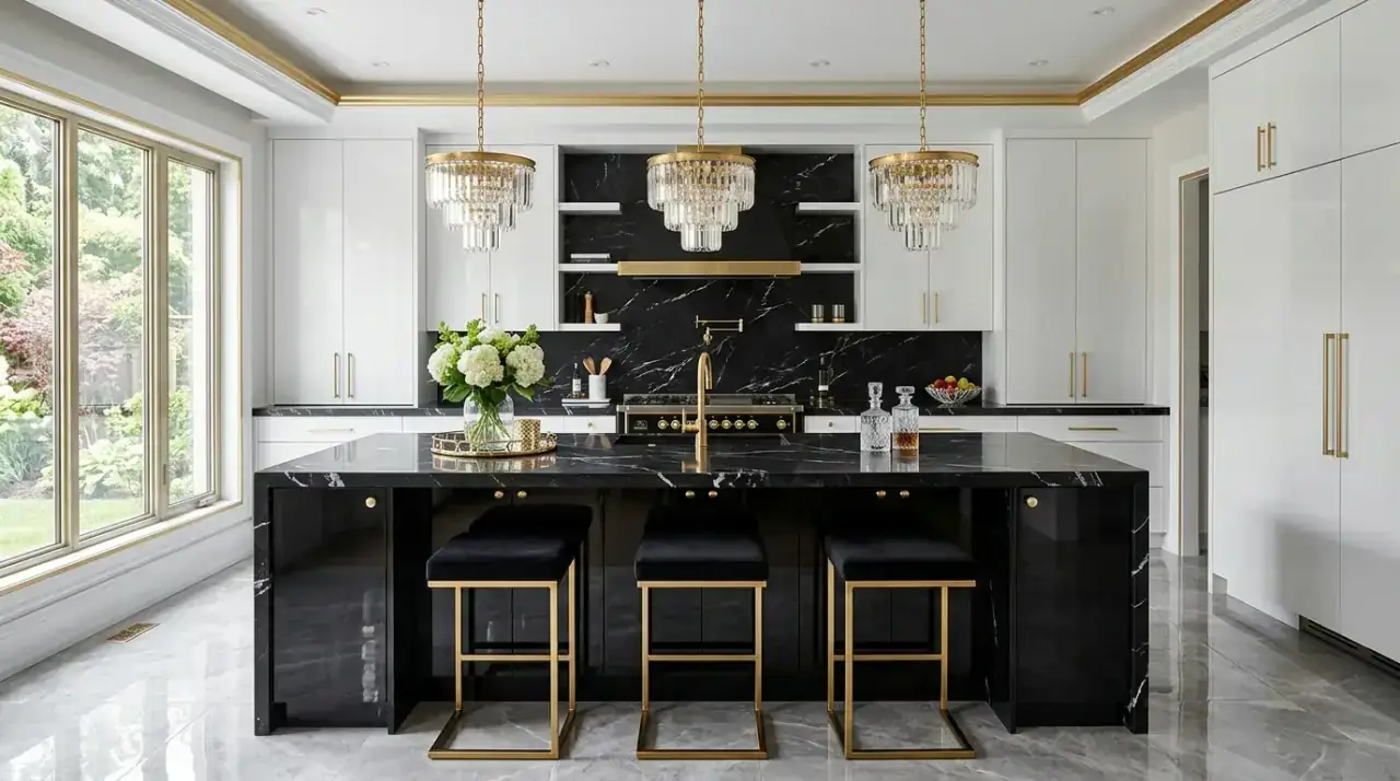Handleless black and white kitchen. Clean cabinet lines strengthening a modern high-contrast kitchen.