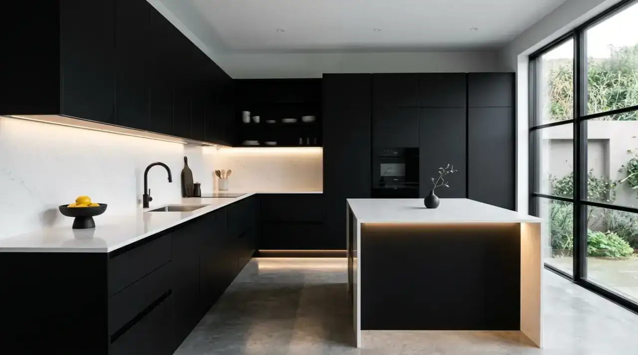 Black fixtures in white kitchen. Dark details outlining a bright modern kitchen more clearly.