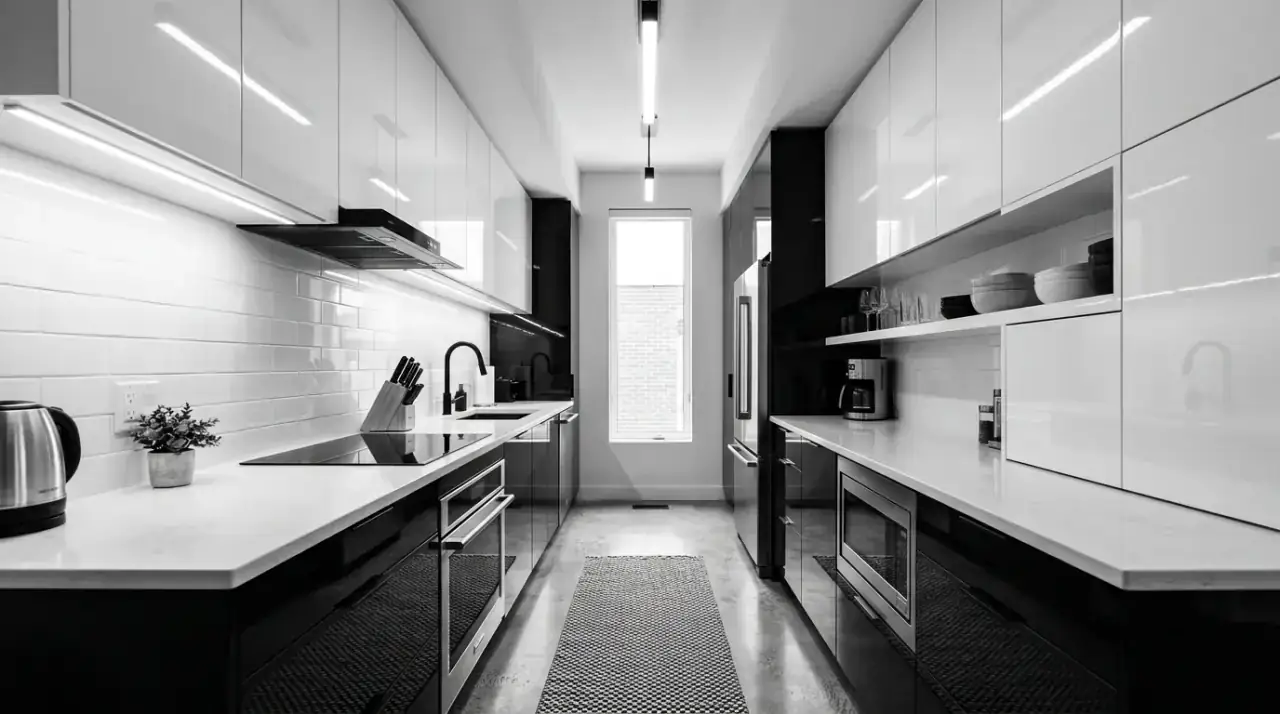 Warm lighting in black and white kitchen. Soft illumination helping a monochrome kitchen feel more inviting.