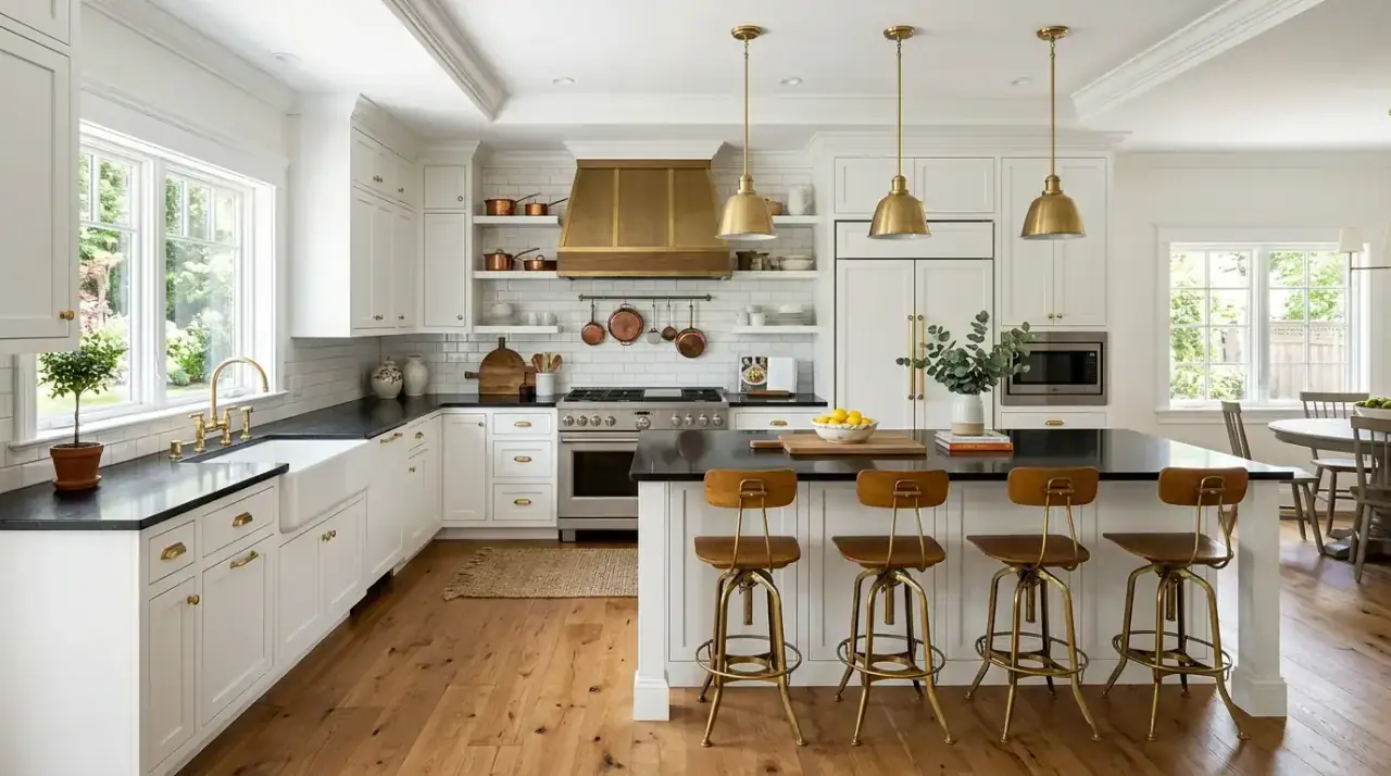 Black range wall in white kitchen. Strong focal cooking zone defining a modern black and white kitchen.