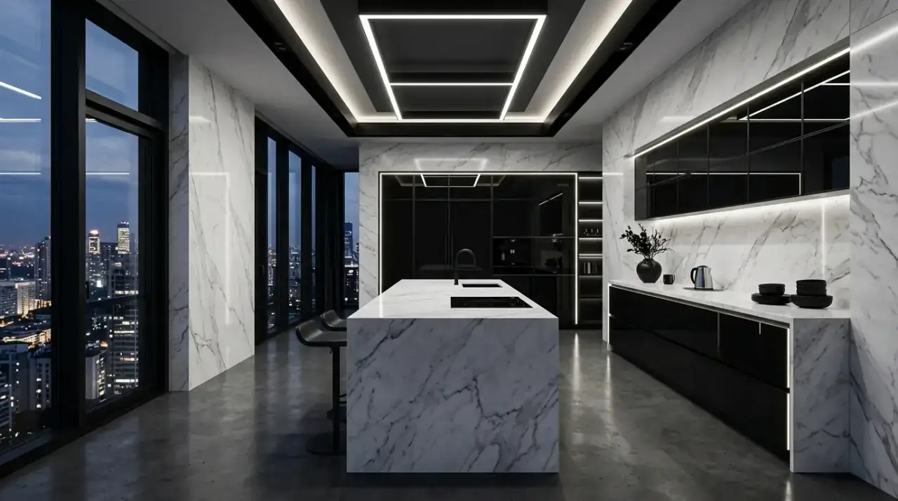 Minimal decor black and white kitchen. Edited styling letting monochrome contrast define the modern room.