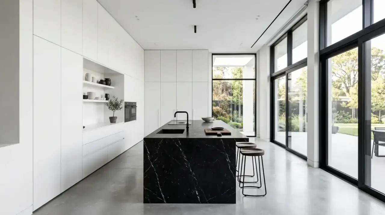Black seating in white kitchen. Dark furniture details tying together a bright monochrome kitchen palette.
