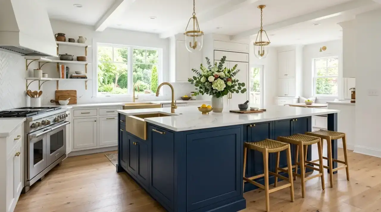 Bold kitchen island color creating a statement piece at the center of the room with strong visual impact.