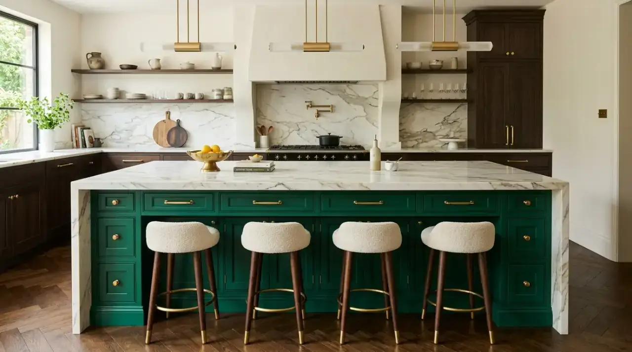 Forest green kitchen island. Statement kitchen island painted forest green for earthy depth.