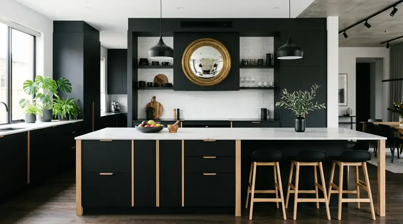 Charcoal kitchen island. Bold charcoal black kitchen island creating contemporary contrast.