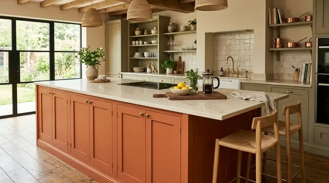 Burgundy kitchen island. Statement island in a rich burgundy tone for warm visual impact.