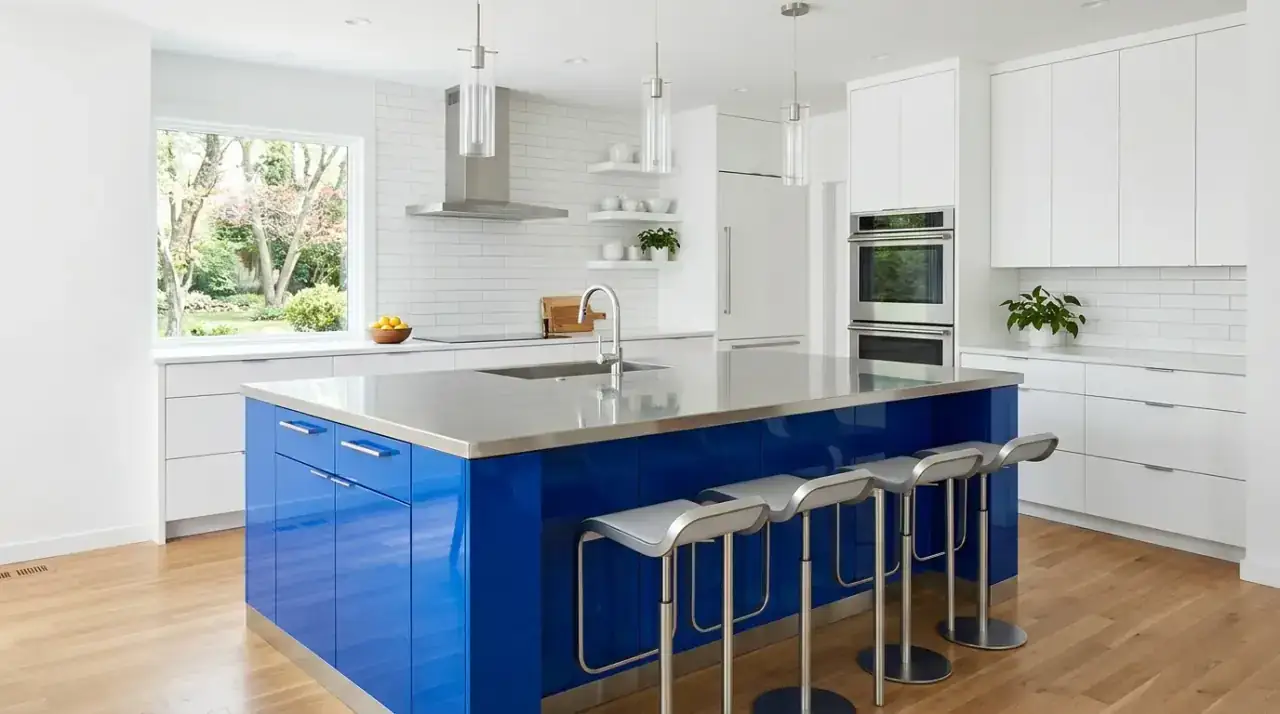 Cobalt blue kitchen island. Bold cobalt island adding bright contemporary impact to the kitchen.