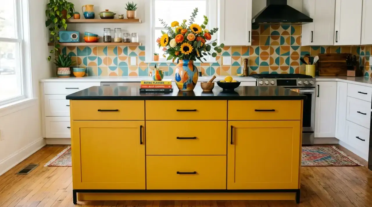Terracotta kitchen island. Statement kitchen island painted terracotta for warm earthy character.