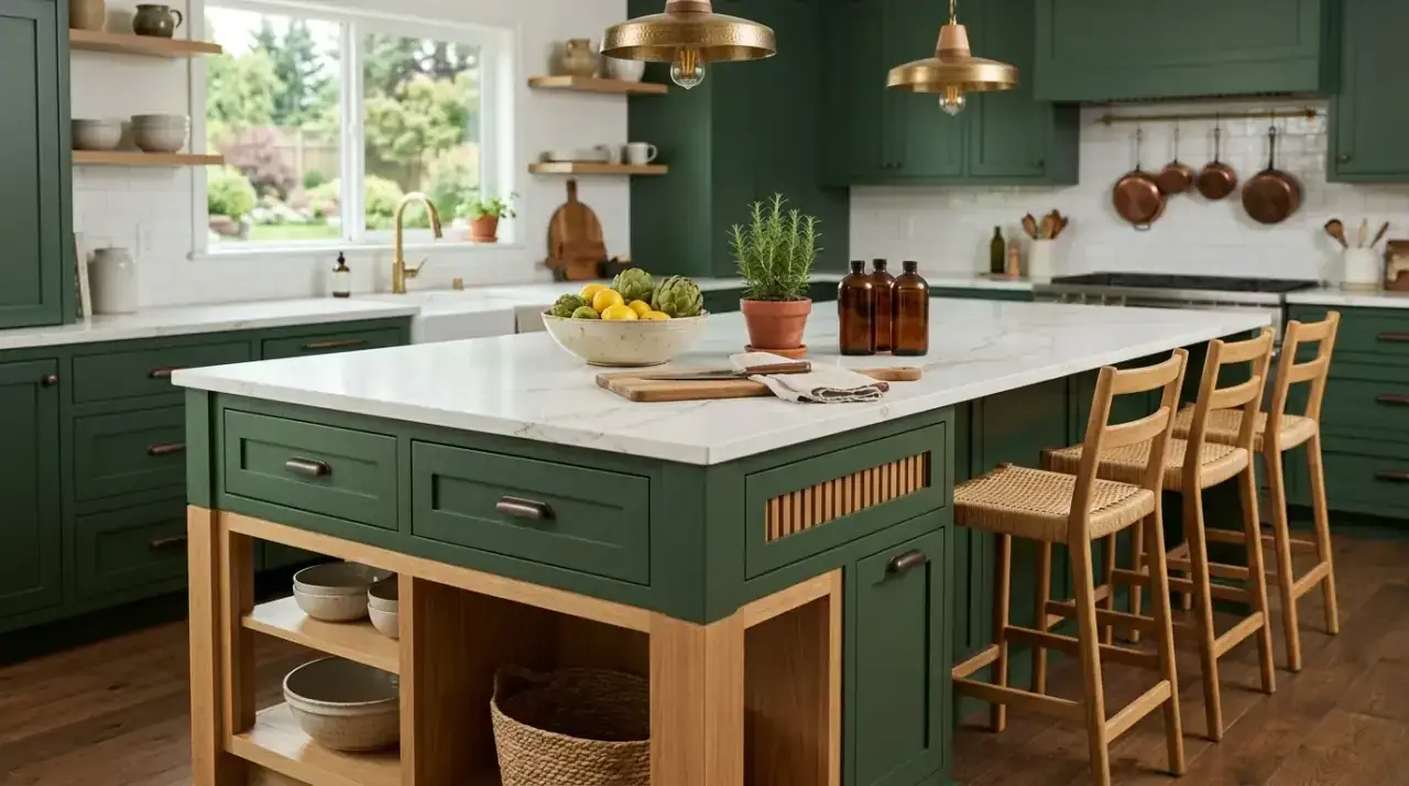 Mustard kitchen island. Bold ochre kitchen island bringing vintage personality to the room.
