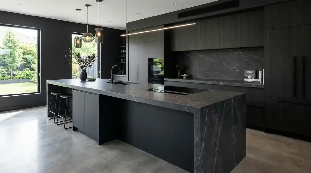 Plum kitchen island. Bold plum colored kitchen island creating a dark romantic focal point.