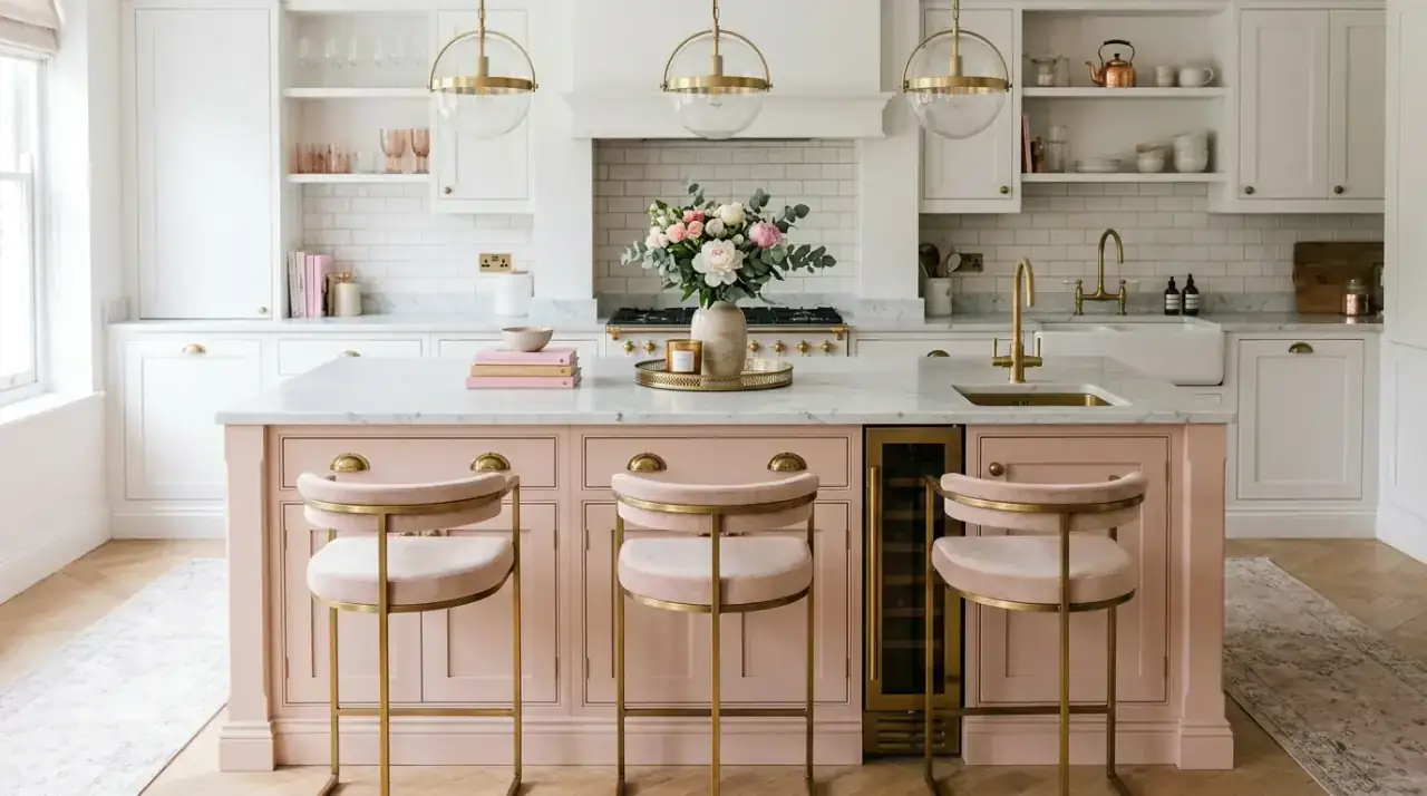 Burnt orange kitchen island. Statement island in burnt orange bringing bold creative warmth to the kitchen.