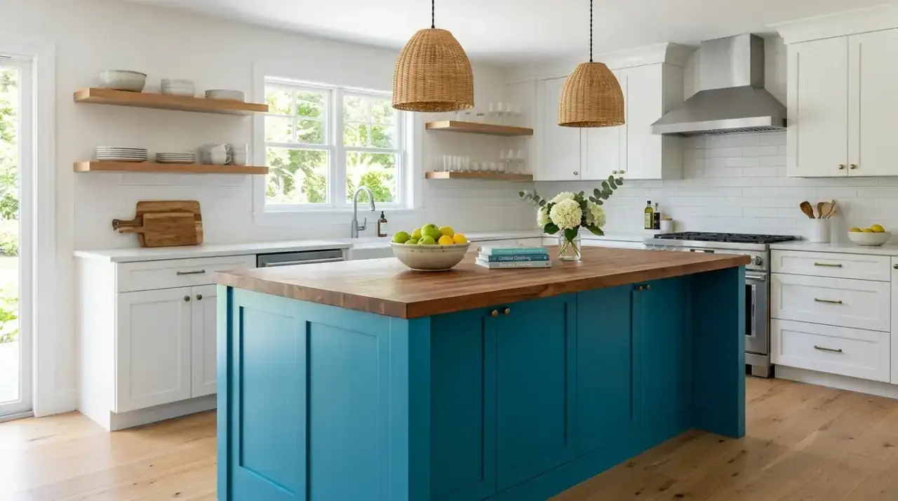 Red brown kitchen island. Bold kitchen island in a dark red-brown shade for quiet depth.