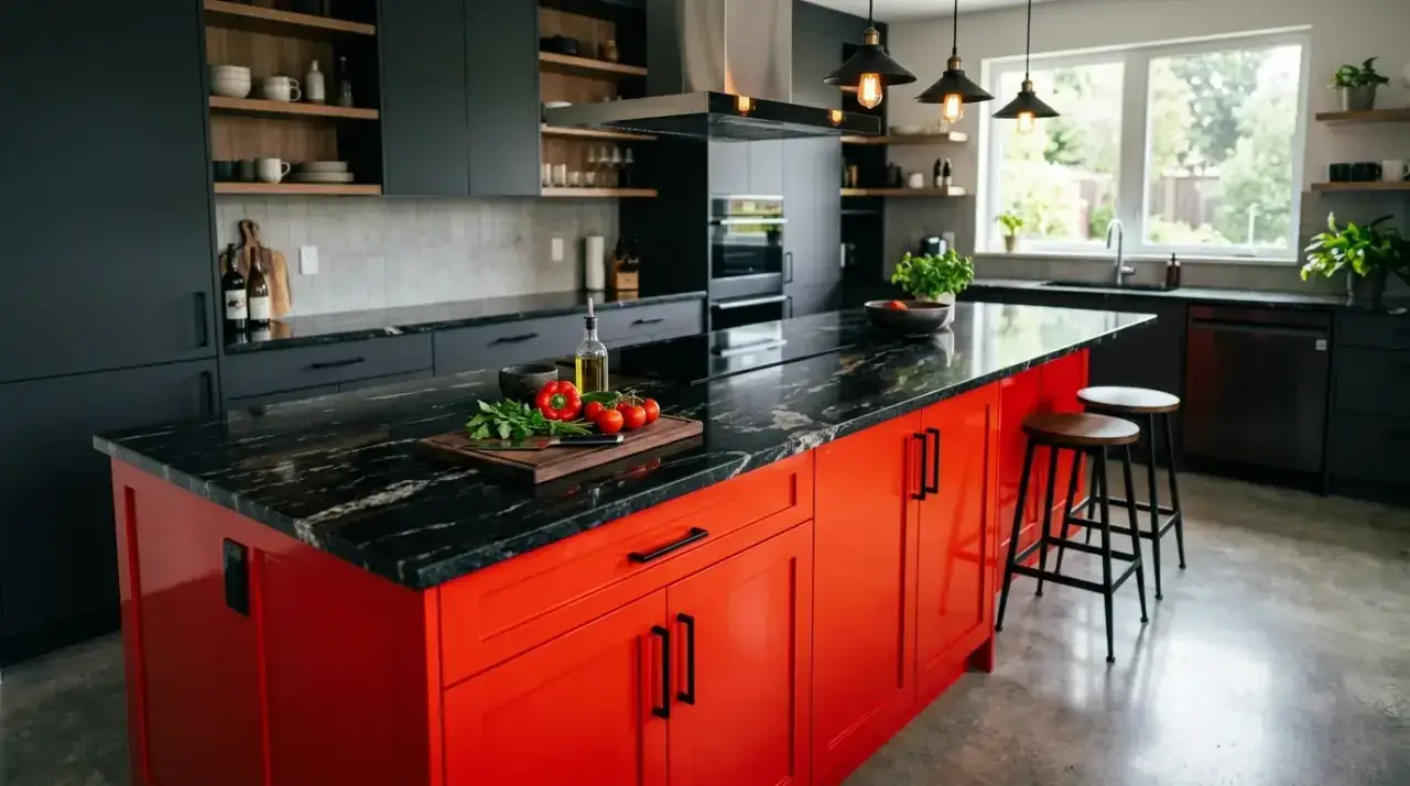 Bold island with calm cabinets. Kitchen using simple perimeter cabinets to support a statement-colored island.