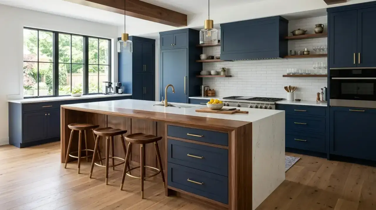Bold island color overview. Statement kitchen island using bold color to create a memorable focal point.