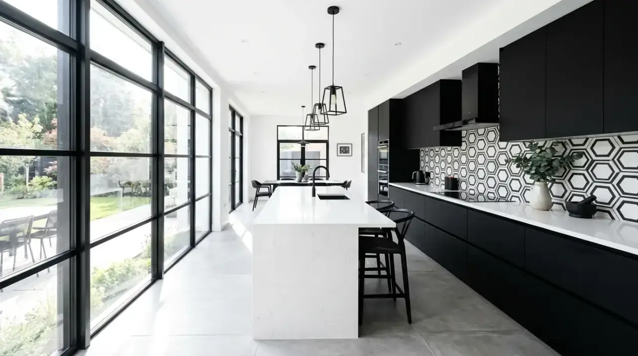 Bold modern black and white kitchen with timeless contrast and clean dramatic lines.