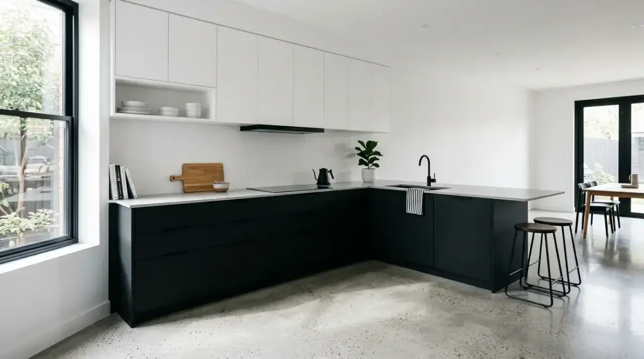 Matte black modern kitchen. Bold black and white kitchen using matte black finishes.