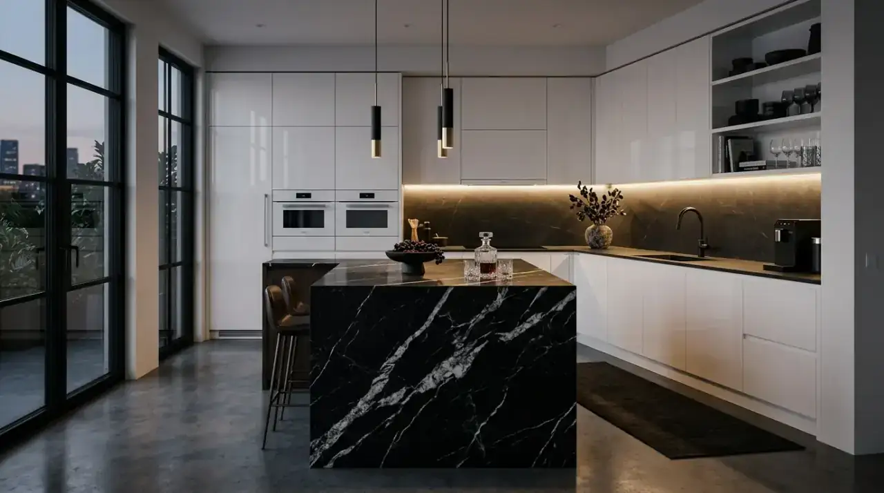 White counters black kitchen. Modern black and white kitchen with white counters brightening dark cabinetry.