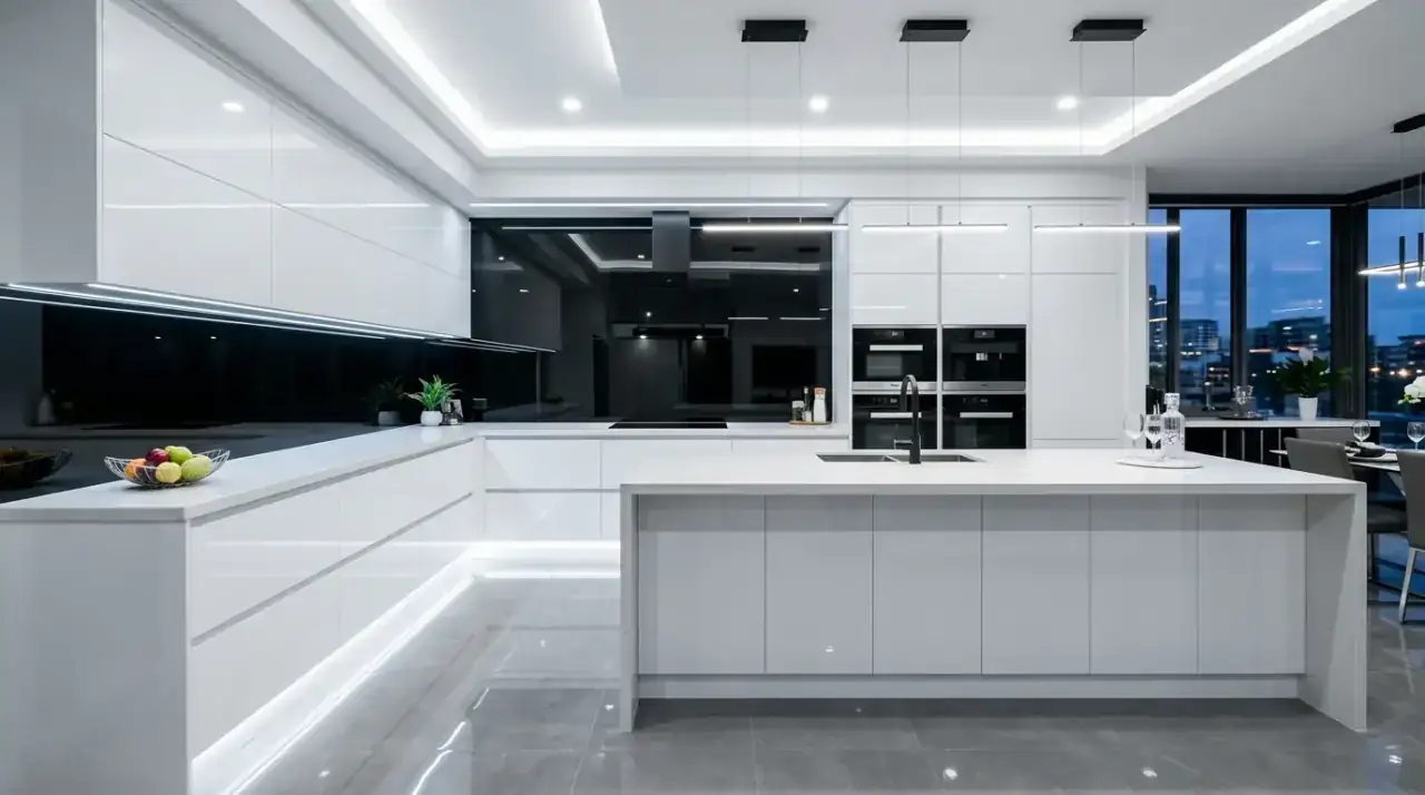 Wood accents in black white kitchen. Bold modern black and white kitchen softened with natural wood.