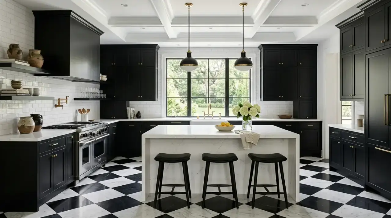 Simple black white cabinetry. Modern black and white kitchen with clean simple cabinet lines.