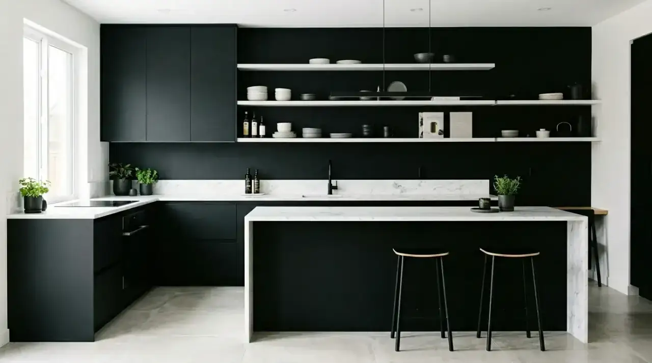Textured white backsplash black white kitchen. Timeless contrast kitchen with a textured white backsplash.